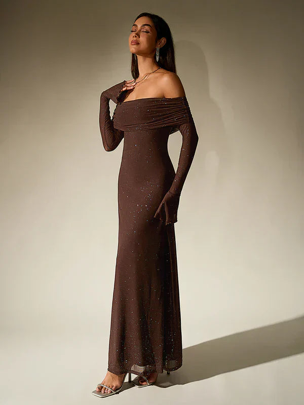 Robe de soirée Alina - Brune paillettes - Sans bretelles - Manches transparentes