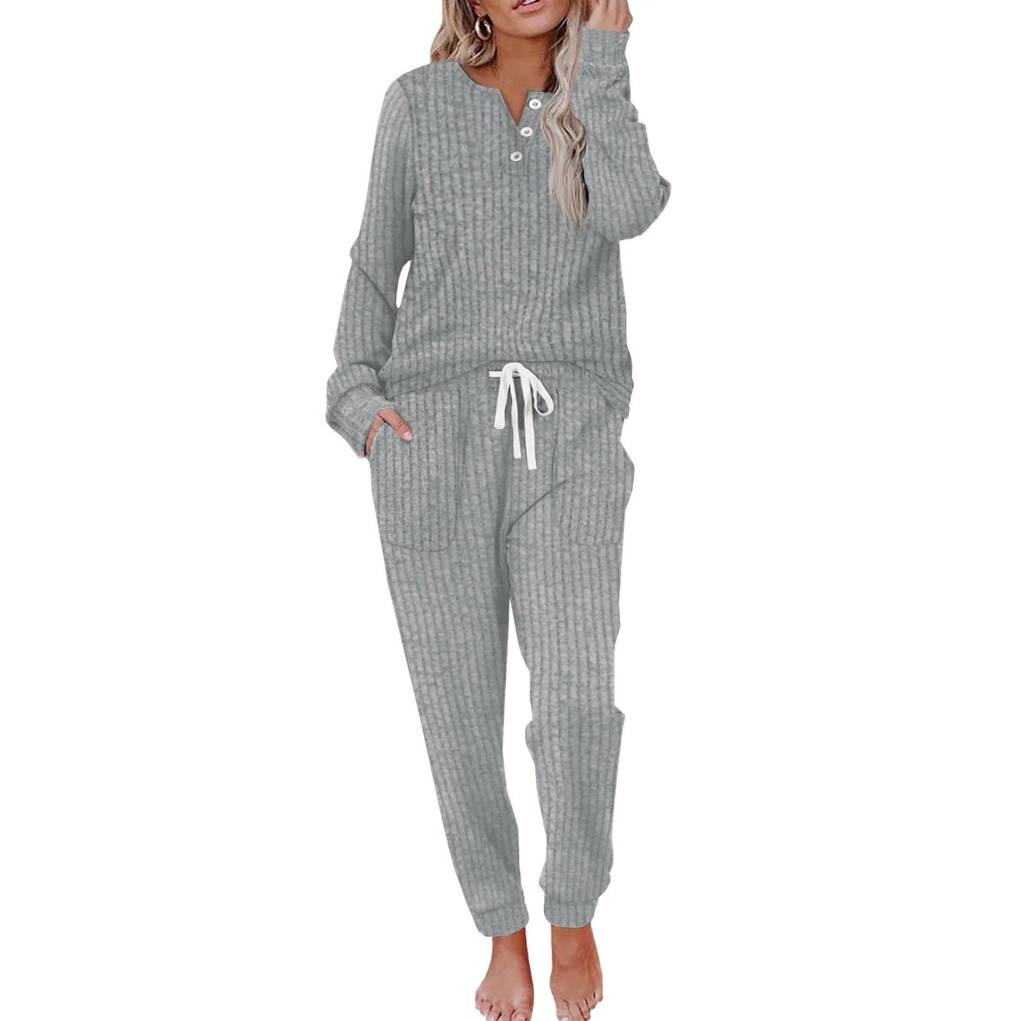 Comfortabel Dames Loungewear Set met Knopen en Zakken