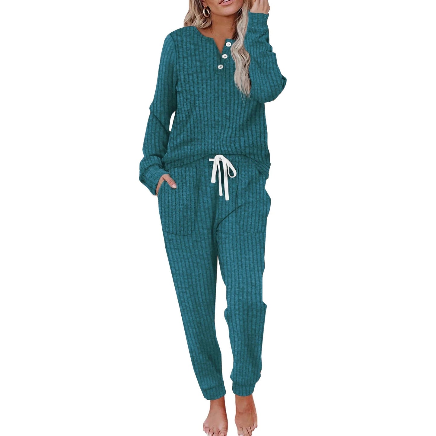 Comfortabel Dames Loungewear Set met Knopen en Zakken