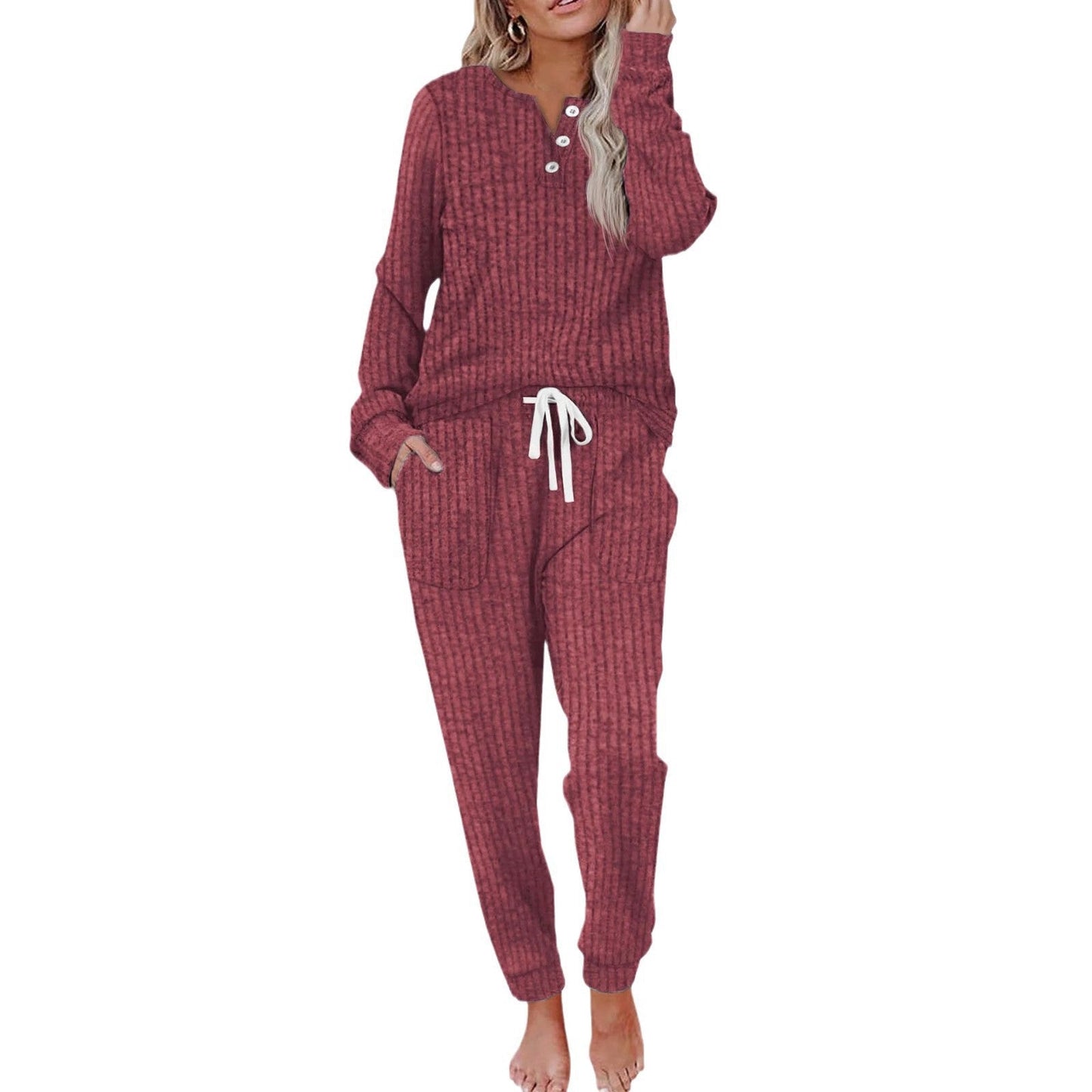 Comfortabel Dames Loungewear Set met Knopen en Zakken