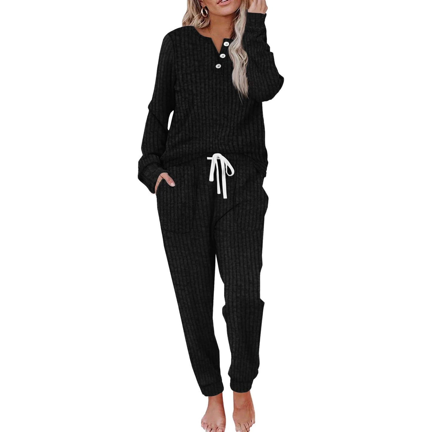 Comfortabel Dames Loungewear Set met Knopen en Zakken