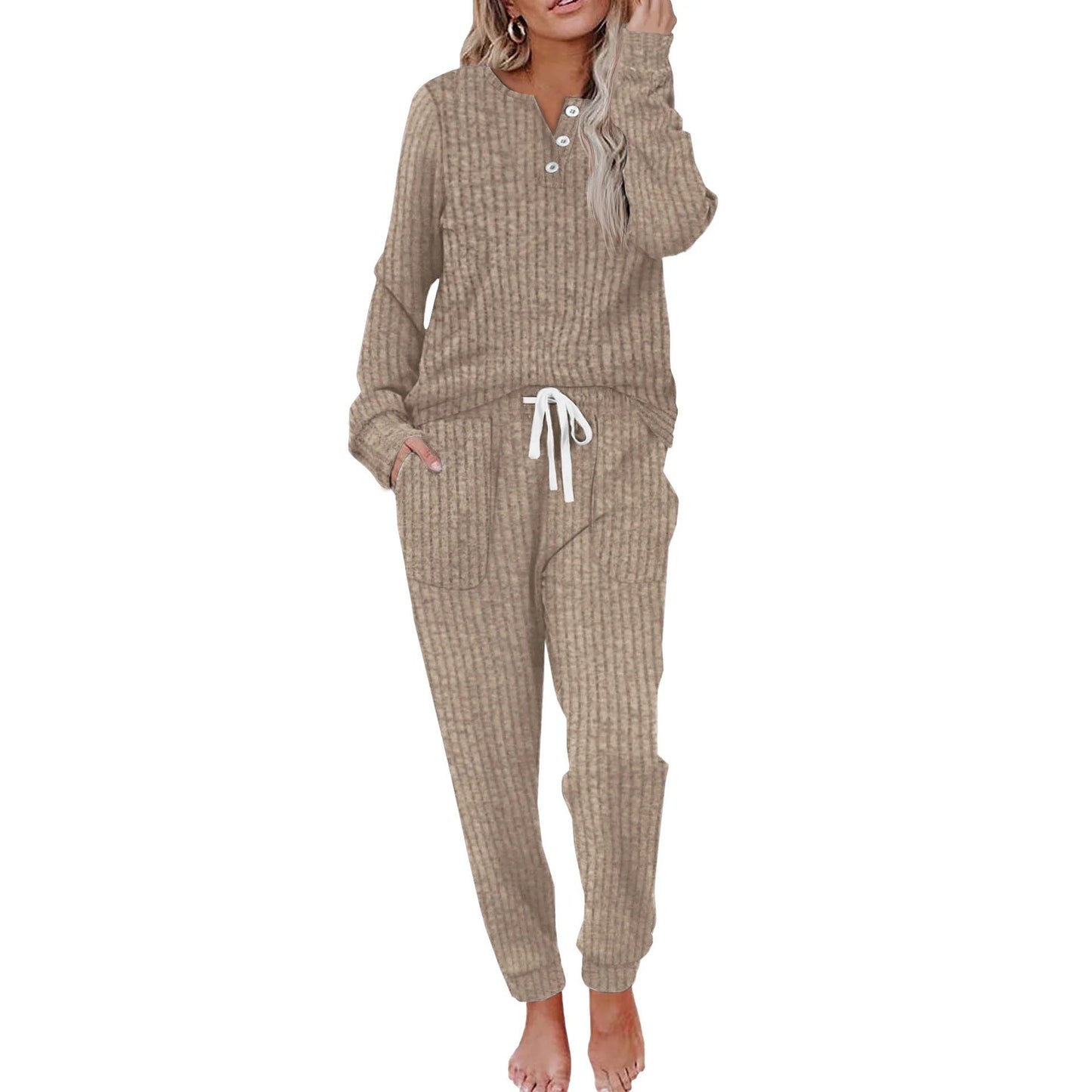 Comfortabel Dames Loungewear Set met Knopen en Zakken