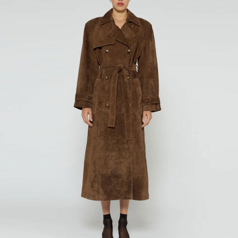 Dames Suède Trenchcoat met Getailleerde Pasvorm en Ceintuur