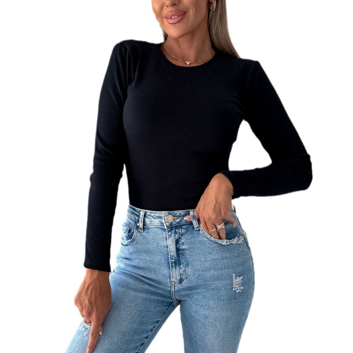 Ribgebreide Dames Top met Lange Mouwen en Slim Fit