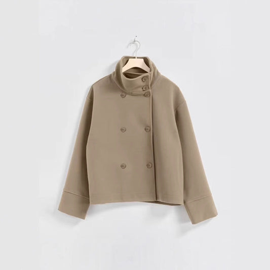 Cropped Jas Dames – Modern Design met Hoge Kraag & Dubbele Knopen