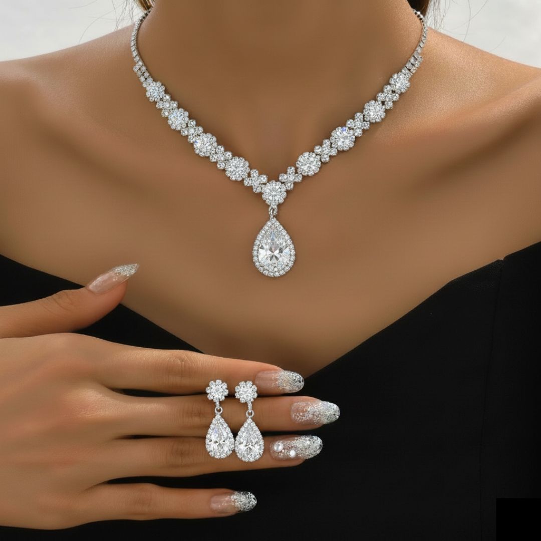 Kaylee - Crystal Droplet Necklace with Earrings Set