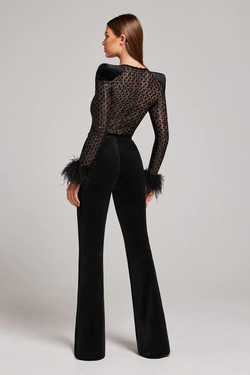 Elegant Jumpsuit - Lace Top - Feather Cuffs - Black Long Sleeve Jumpsuit - Party Jumpsuit-Grace Aura