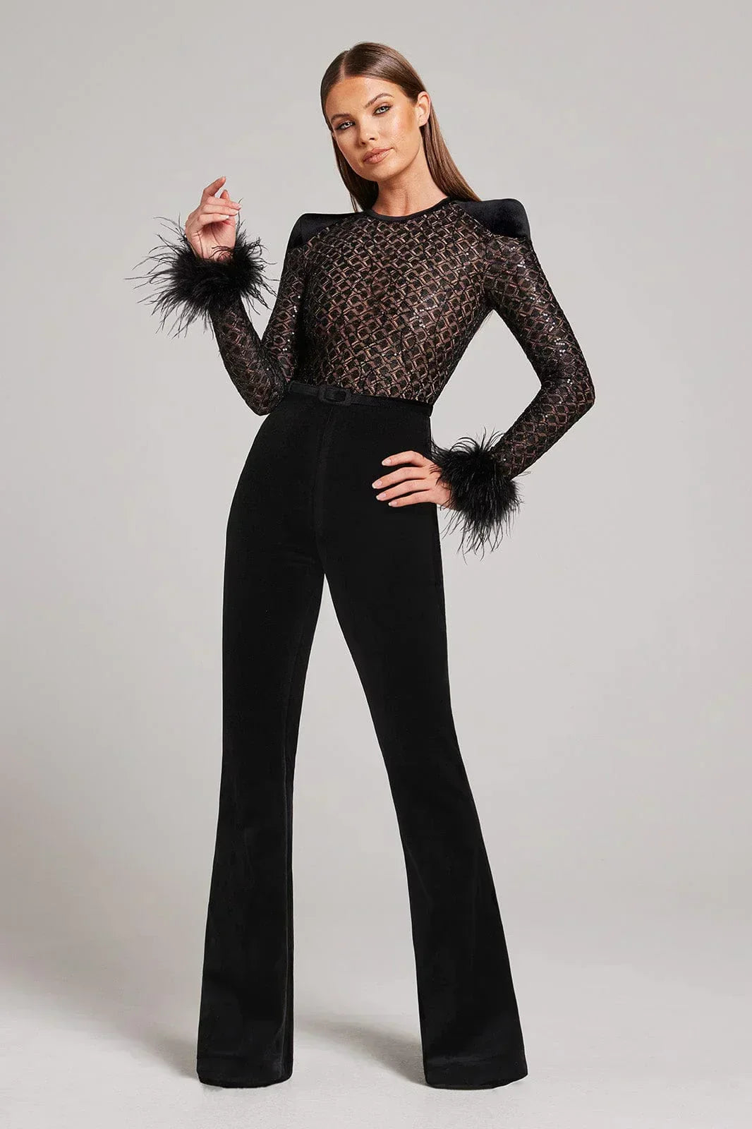 Elegant Jumpsuit - Lace Top - Feather Cuffs - Black Long Sleeve Jumpsuit - Party Jumpsuit-Grace Aura