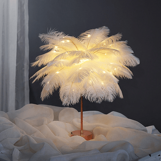 Elegant Ostrich Feather Table Lamp with Adjustable Branches – Battery Operated Cordless Design for Cozy Bedside or Living Room Lighting 0