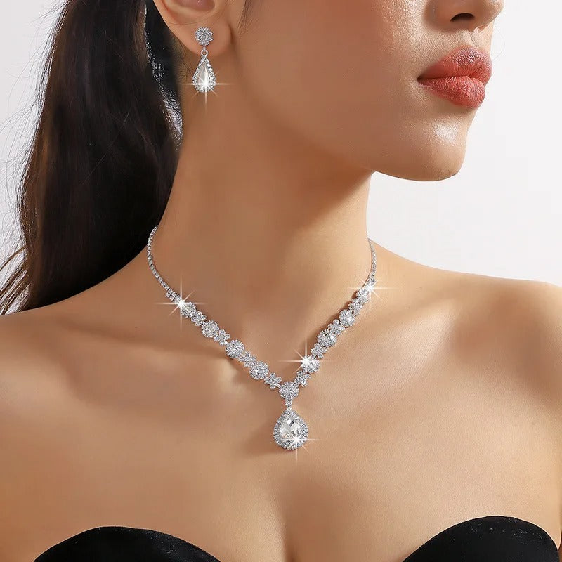 Kaylee - Crystal Droplet Necklace with Earrings Set