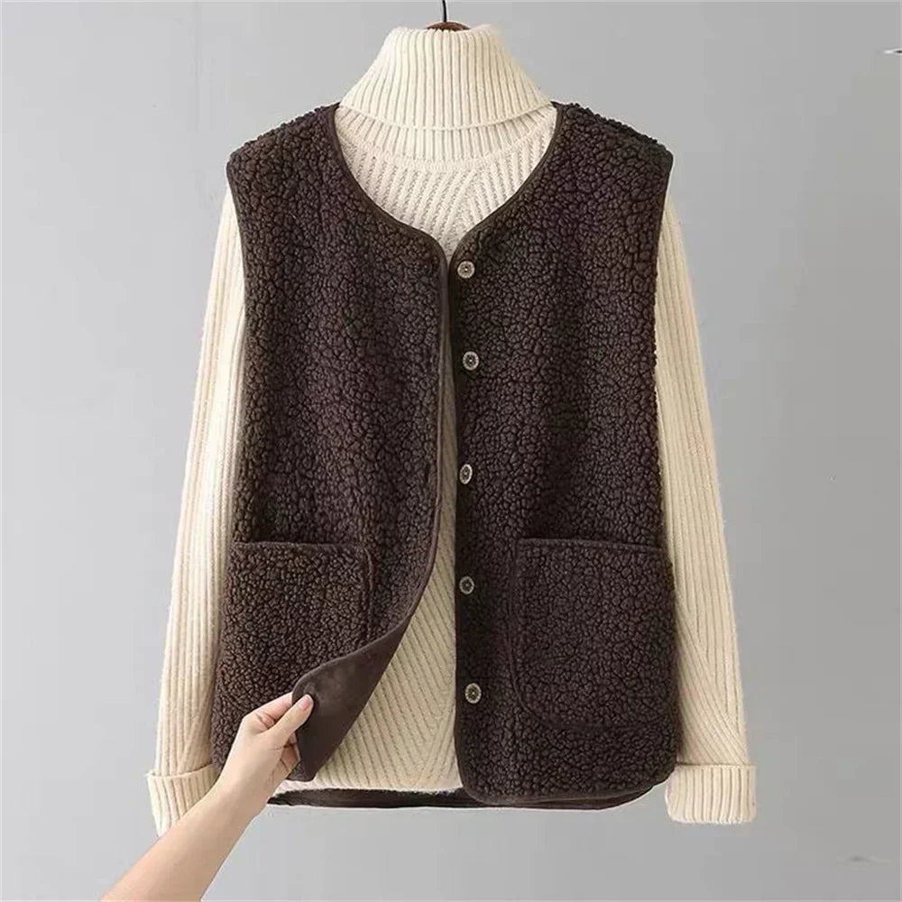 Dames Zachte Bodywarmer met Knopen en Zakken – Warm Katoen, Casual Vest voor Herfst en Winter