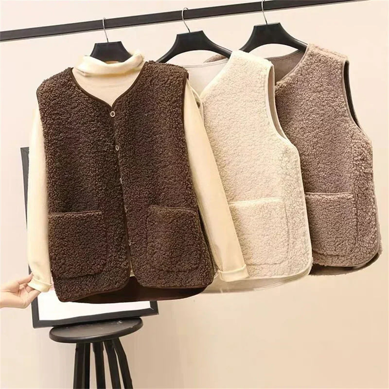 Dames Zachte Bodywarmer met Knopen en Zakken – Warm Katoen, Casual Vest voor Herfst en Winter