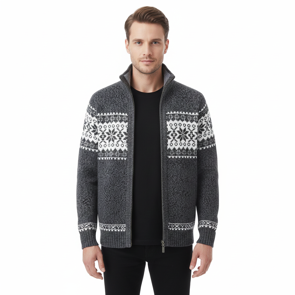 Moris Gilet Fleece Homme – Veste Jacquard Hiver à Col Haut & Motifs Scandinaves