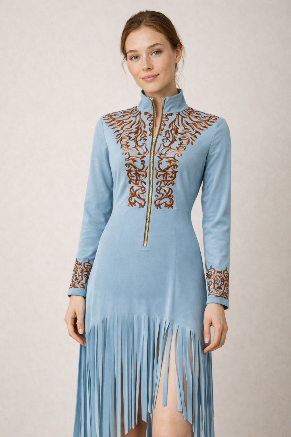 Maxi Faux Suede Dress with Half-Zip Embroidered and Fringes Western