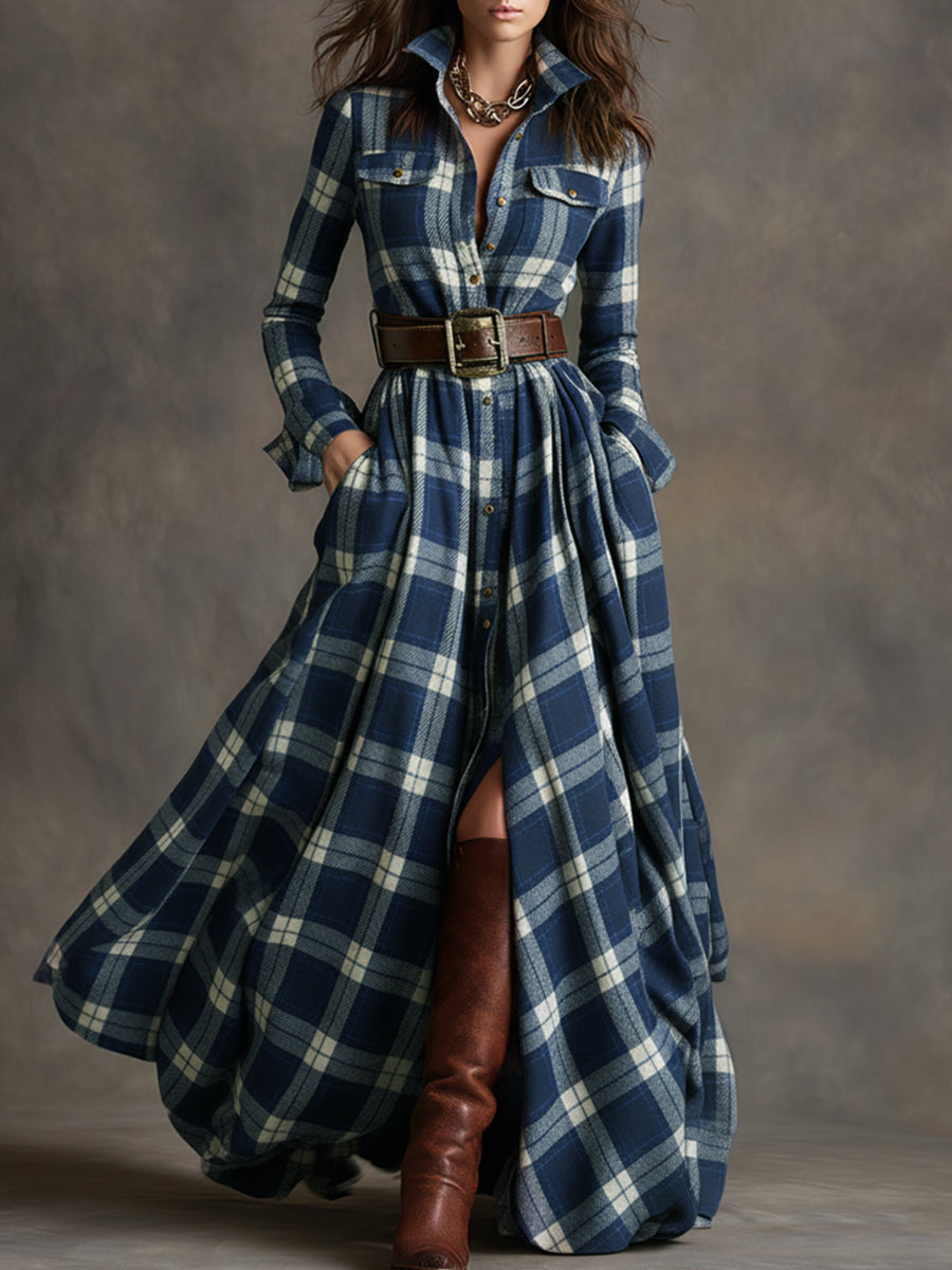 Unity™ | Kariertes Langarm-Maxikleid