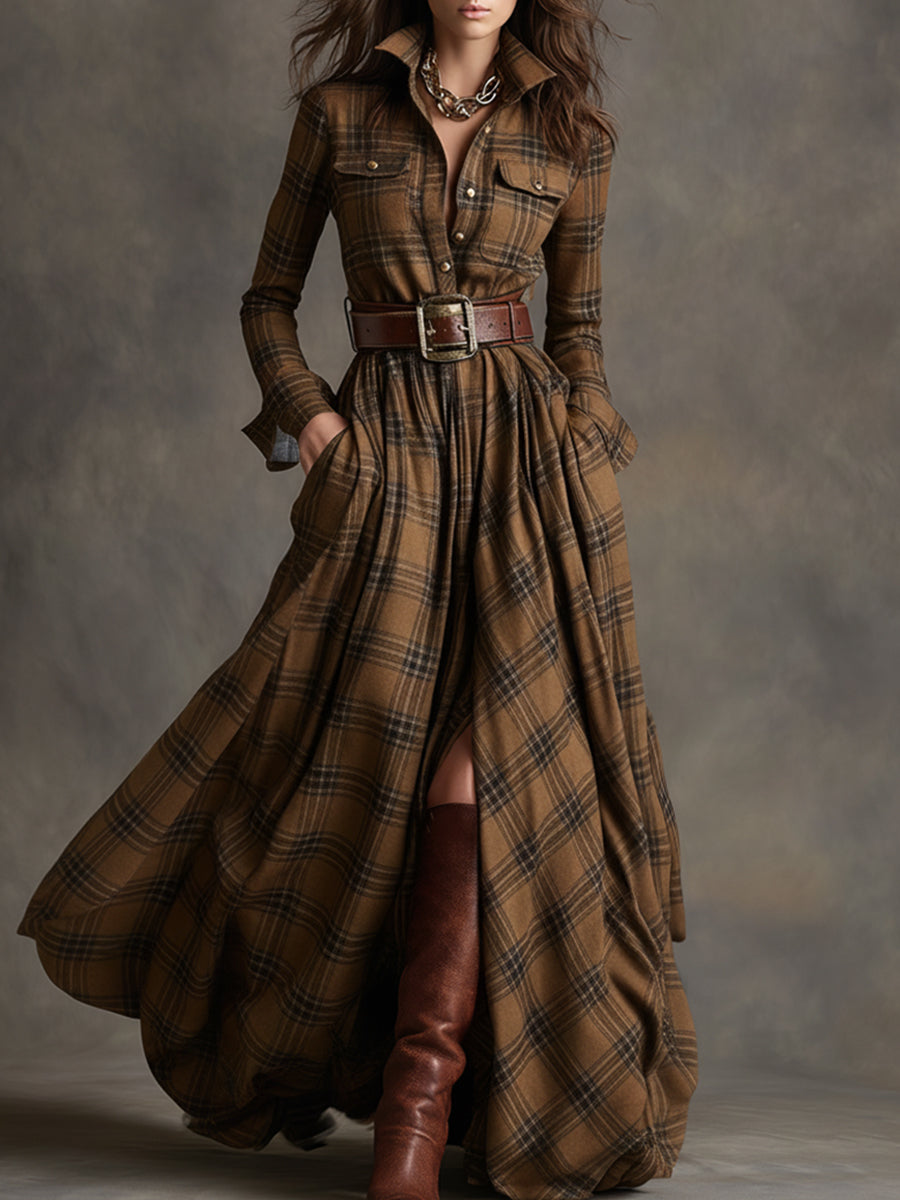 Unity™ | Kariertes Langarm-Maxikleid