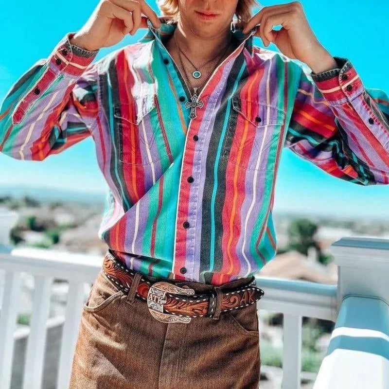 Gestreiftes Hemd | Langarm | Vintage | Hemd mit Knöpfen | Herrenhemden-Chaps Herrenmode