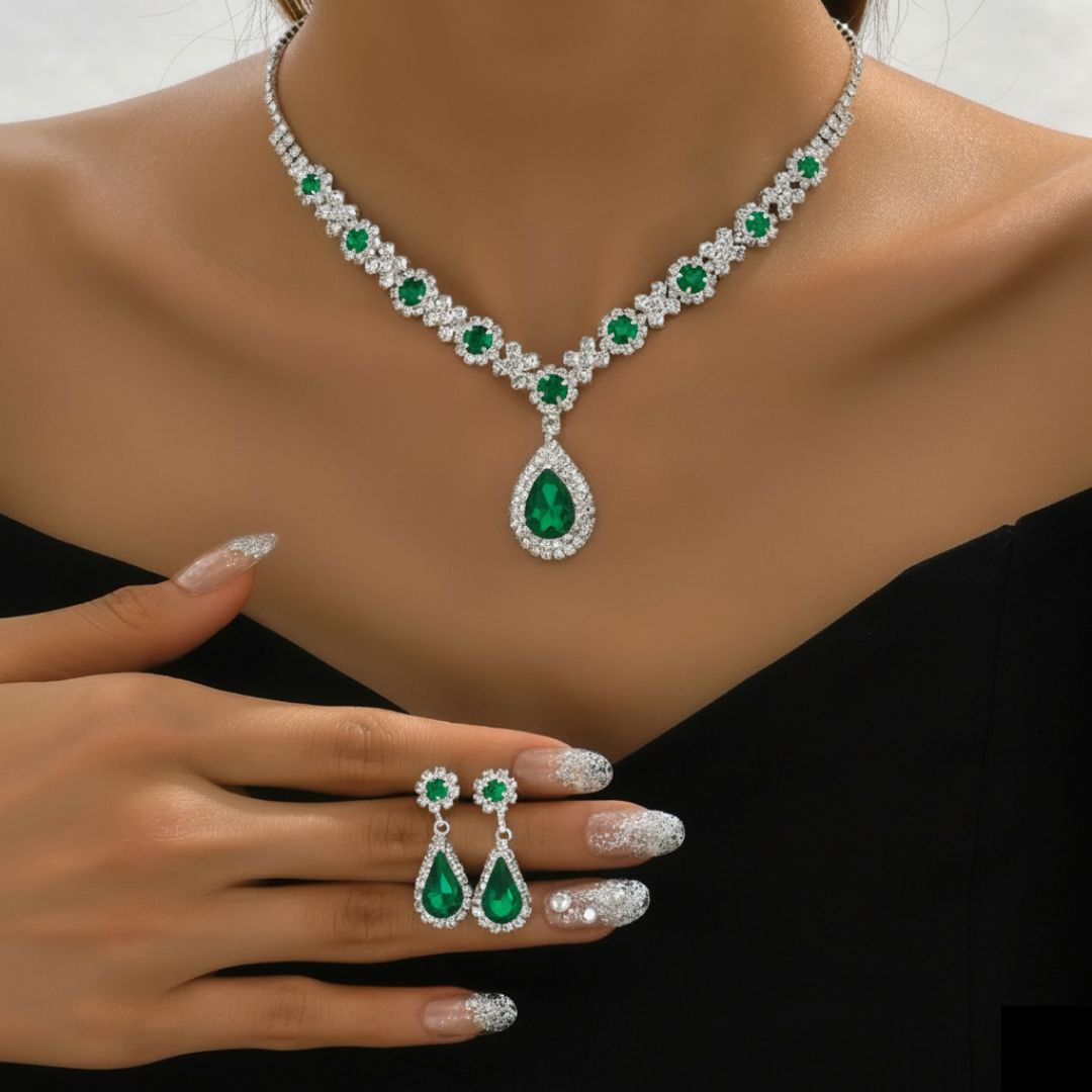 Kaylee - Crystal Droplet Necklace with Earrings Set