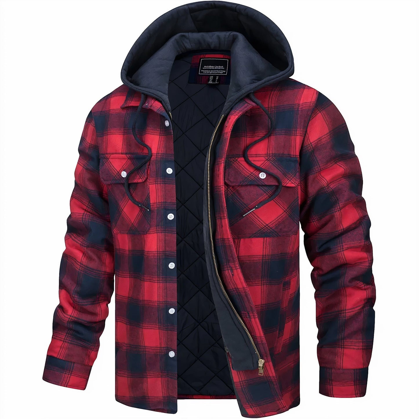 Hoodie Jacket - Plaid - Quilted Liner - Zip-Up Hoodie - Men's Jacket-Grace Aura