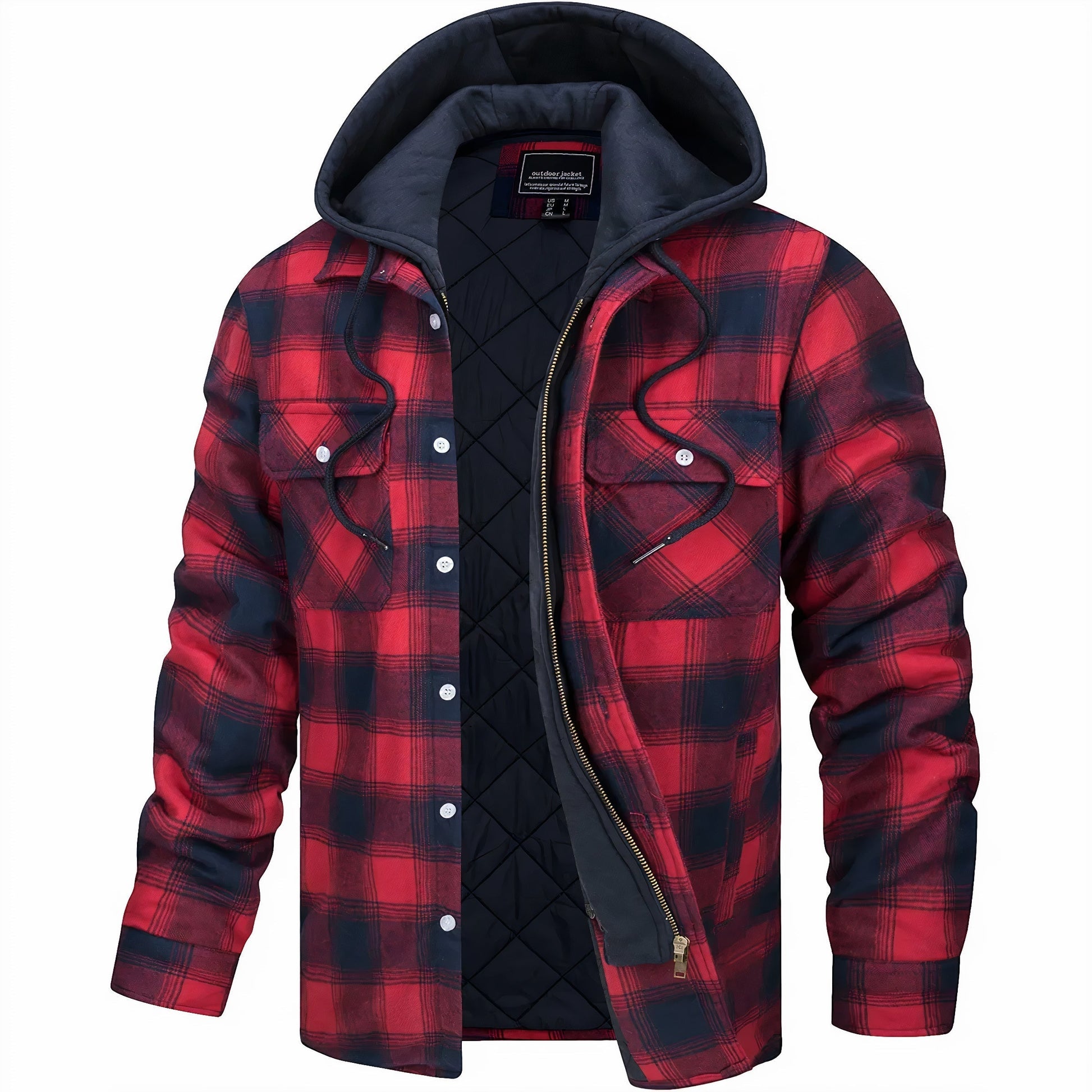 Hoodie Jacket - Plaid - Quilted Liner - Zip-Up Hoodie - Men's Jacket-Grace Aura
