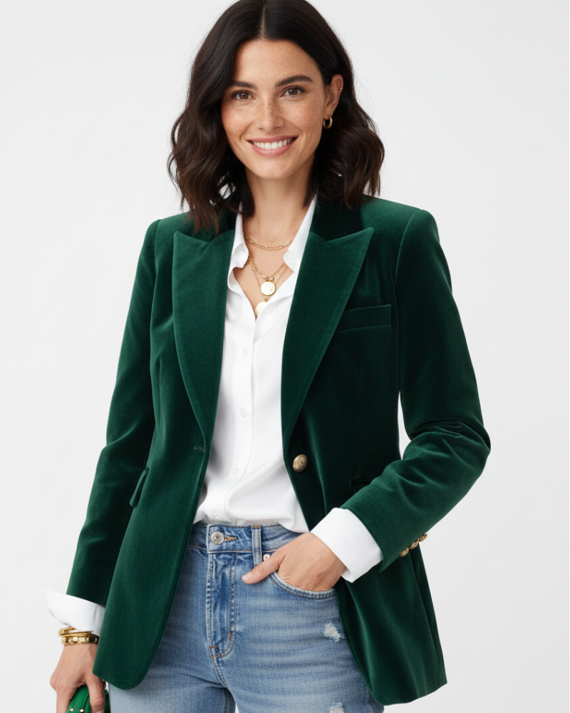 Haydee Blazer Velours Femme – Veste Chic Vert avec Boutons Dorés & Coupe Élégante