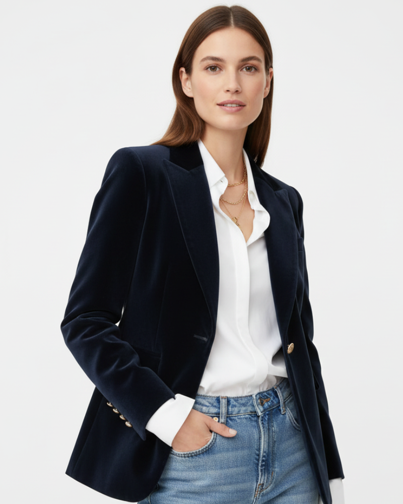 Haydee Blazer Velours Femme – Veste Chic Vert avec Boutons Dorés & Coupe Élégante