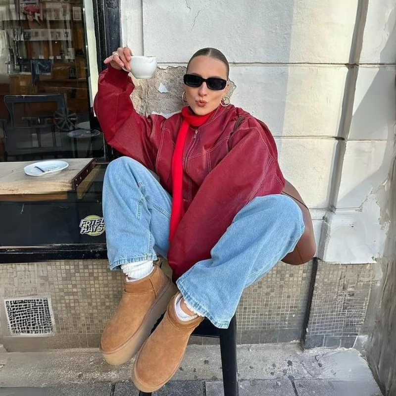 Oversized Unisex Jack met Contrasterende Stiksels – Rood