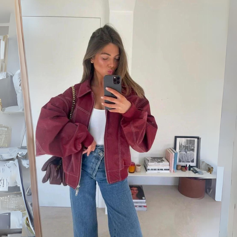 Oversized Unisex Jack met Contrasterende Stiksels – Rood