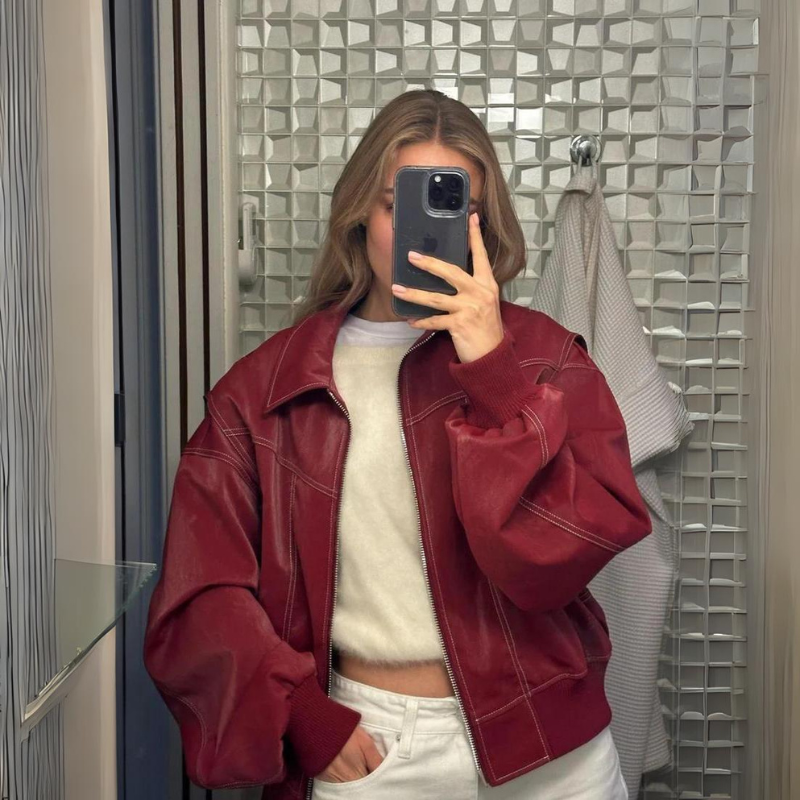 Oversized Unisex Jack met Contrasterende Stiksels – Rood