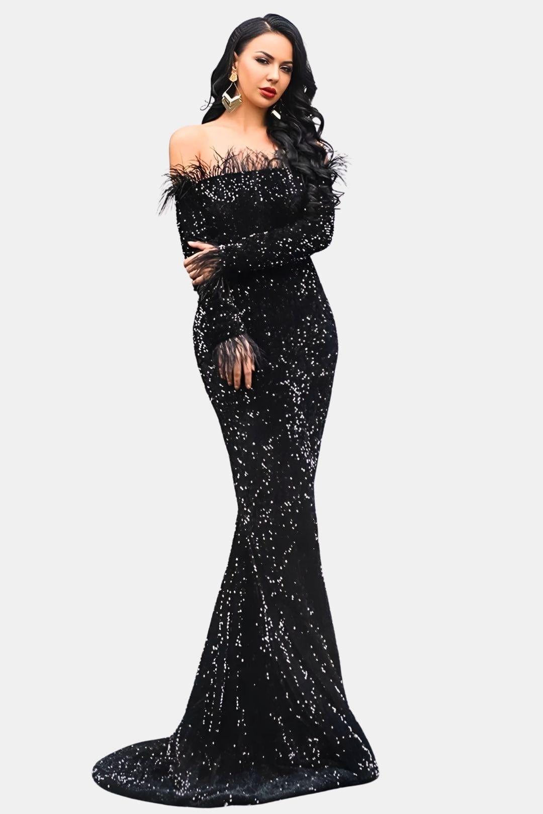 Kendall - Sequin Off-Shoulder Feather Evening Dress