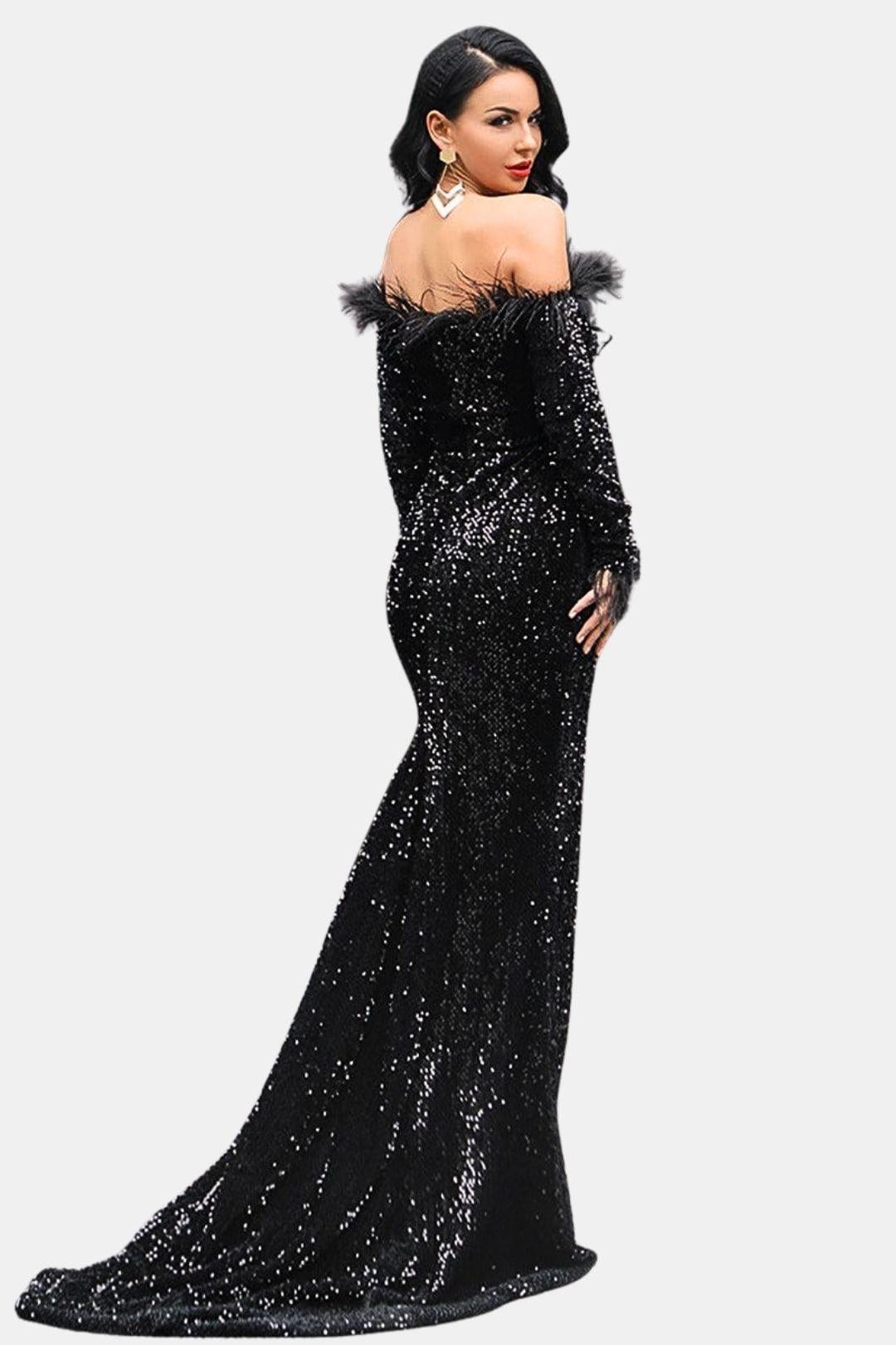 Kendall - Sequin Off-Shoulder Feather Evening Dress