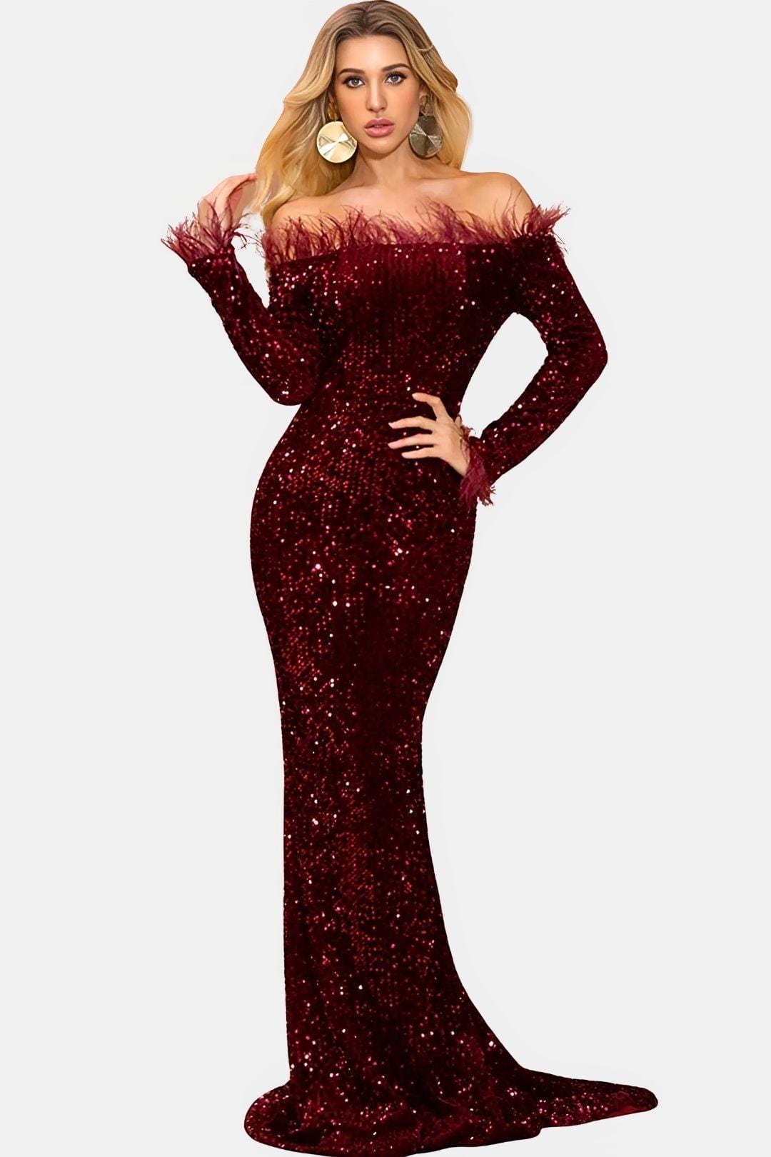 Kendall - Sequin Off-Shoulder Feather Evening Dress
