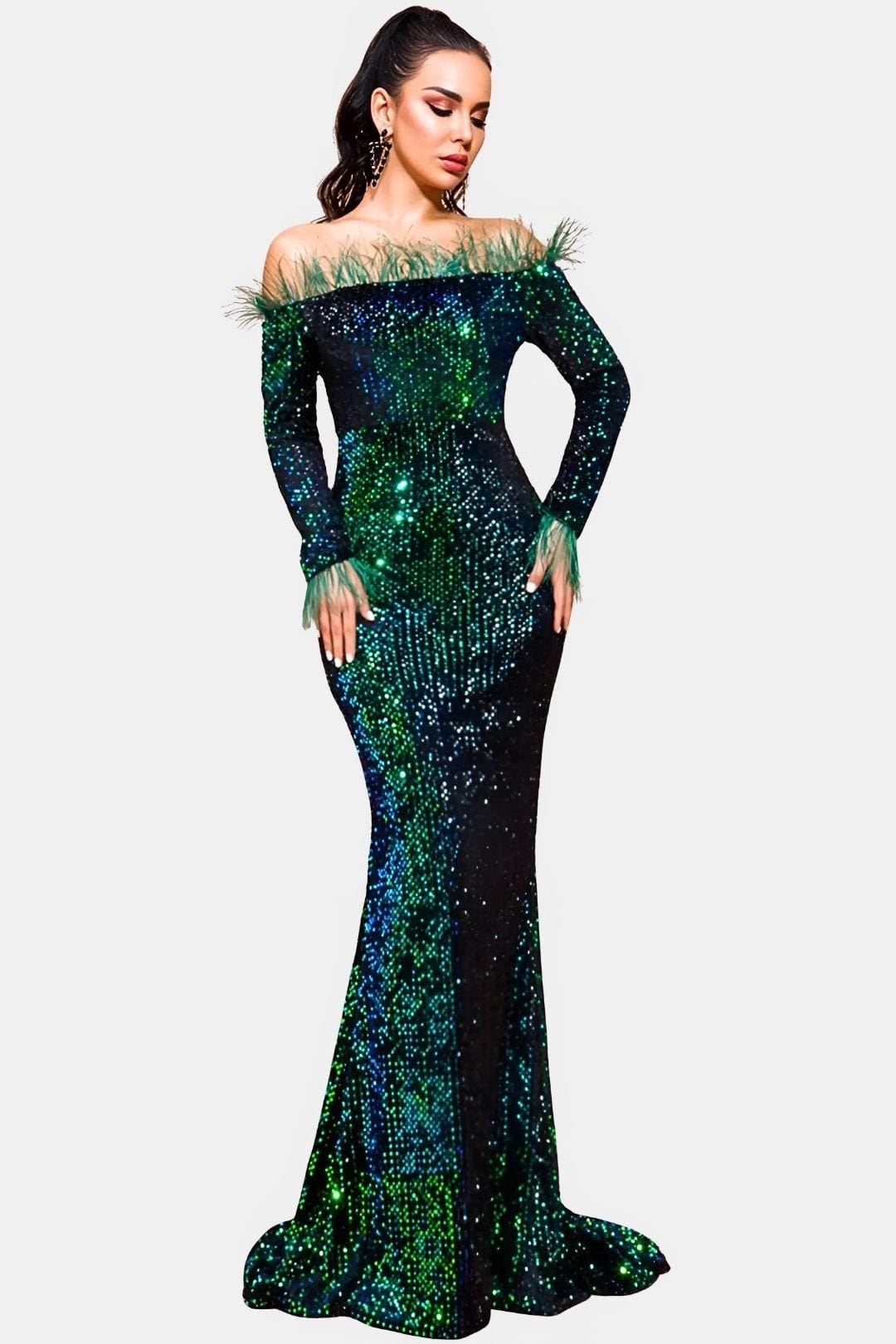 Kendall - Sequin Off-Shoulder Feather Evening Dress