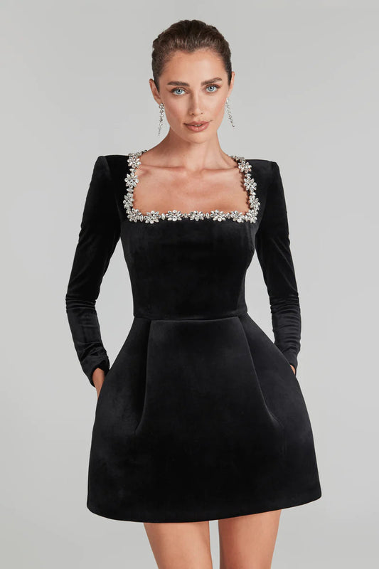 Yassy - Velvet Prom Dress - Patchwork - Square Neckline