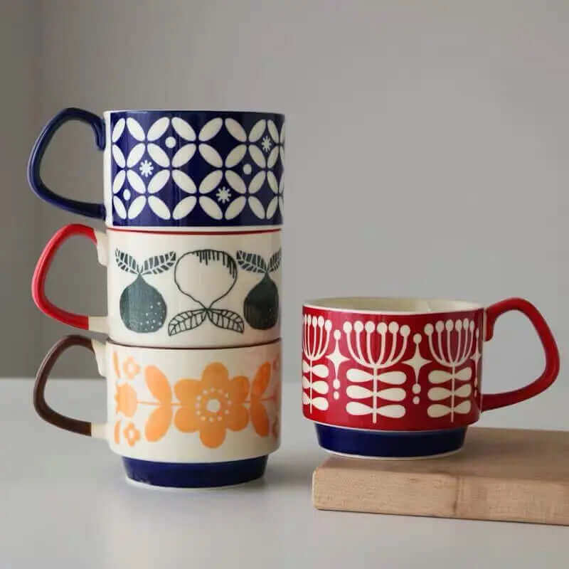 Kubki ceramiczne do kawy w stylu retro z uchwytem – wyjątkowy design z połowy XX wieku, 300 ml, można myć w zmywarce i używać w kuchence mikrofalowej 1