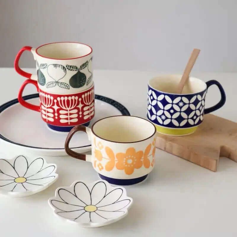 Kubki ceramiczne do kawy w stylu retro z uchwytem – wyjątkowy design z połowy XX wieku, 300 ml, można myć w zmywarce i używać w kuchence mikrofalowej 2