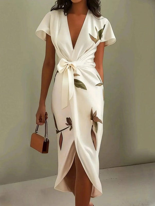 Mirea – V-Neck Urban Leaf Midi Dress