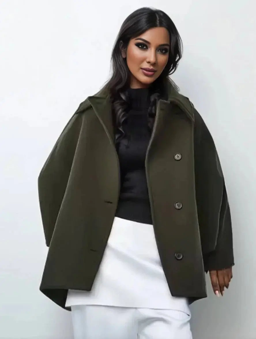 MEWE | Mid-Length Wool Blend Coat with Lapel Collar and Batwing Sleeves Mewe London