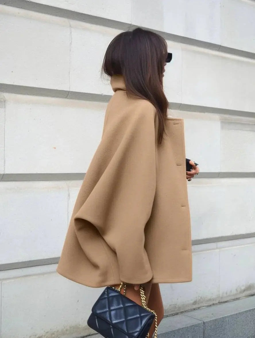 MEWE | Mid-Length Wool Blend Coat with Lapel Collar and Batwing Sleeves Mewe London