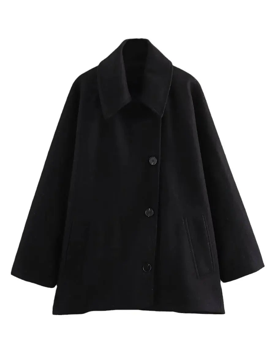 MEWE | Mid-Length Wool Blend Coat with Lapel Collar and Batwing Sleeves Mewe London