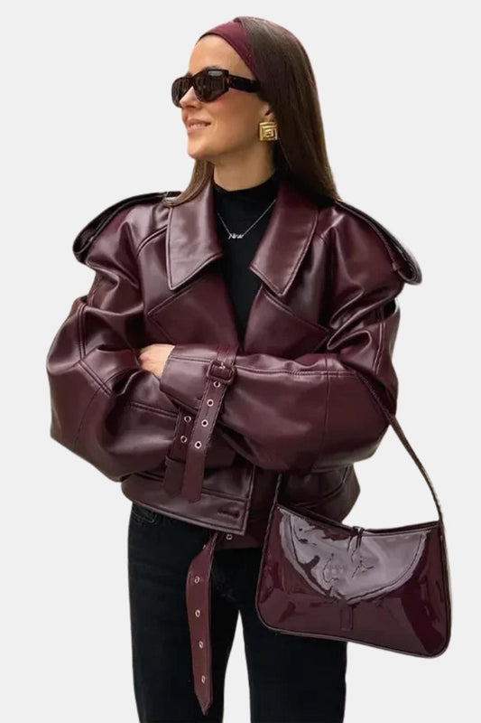 Macy – Faux Leather Jacket in Burgundy