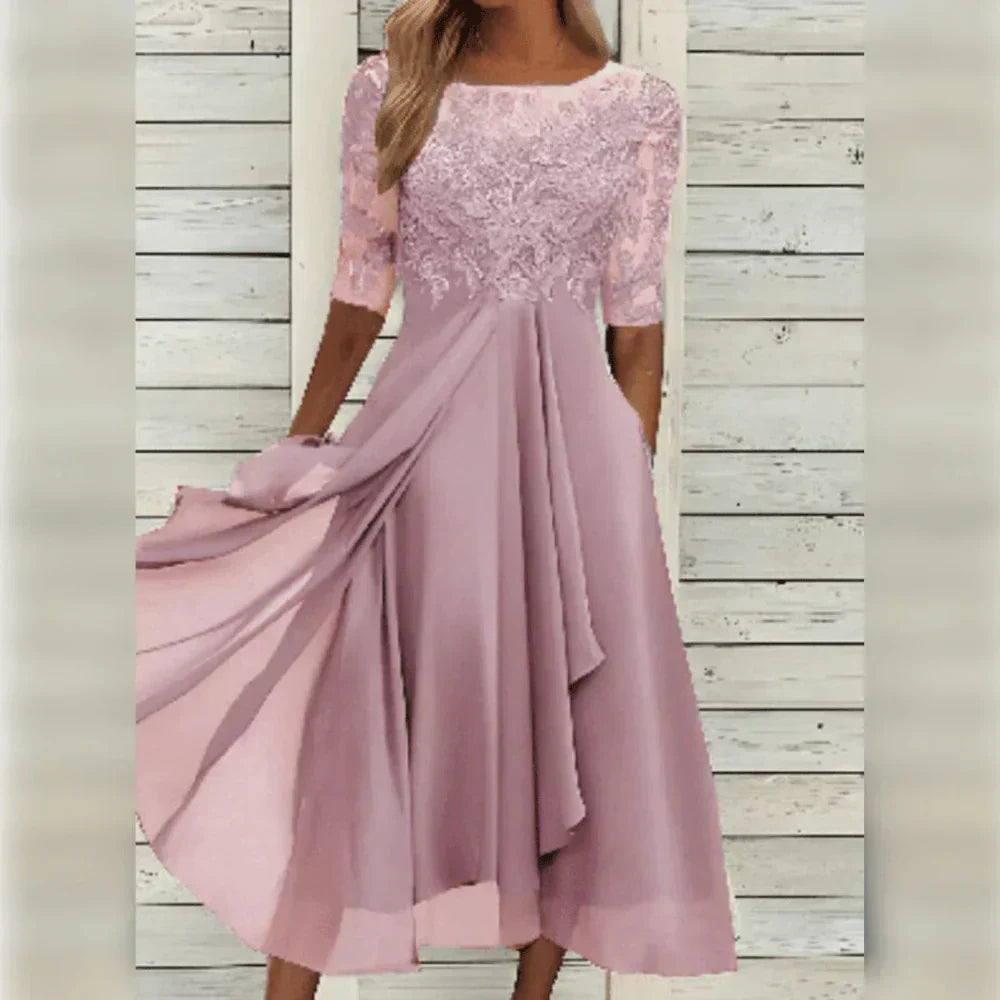 Leni – Rochie de Damă Elegantă din Chiffon cu Top Brodat