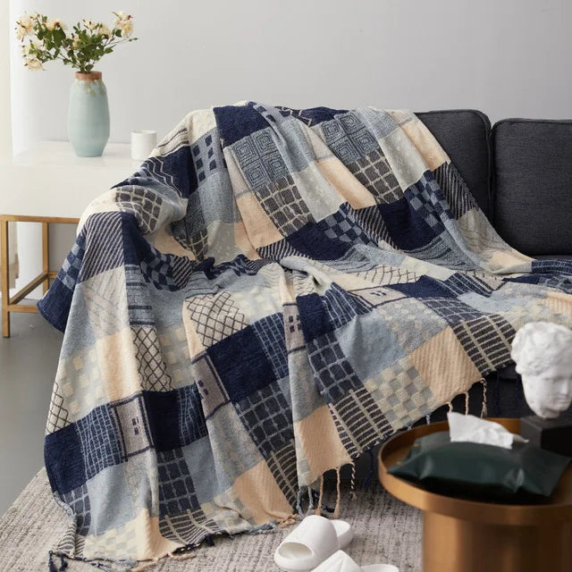 home & garden : Gezellige Franje Deken - Beige Blauw in Wit Blauw van Pantinoshop