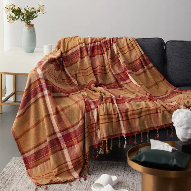 home & garden : Gezellige Franje Deken - Beige Blauw in Rood Oranje van Pantinoshop