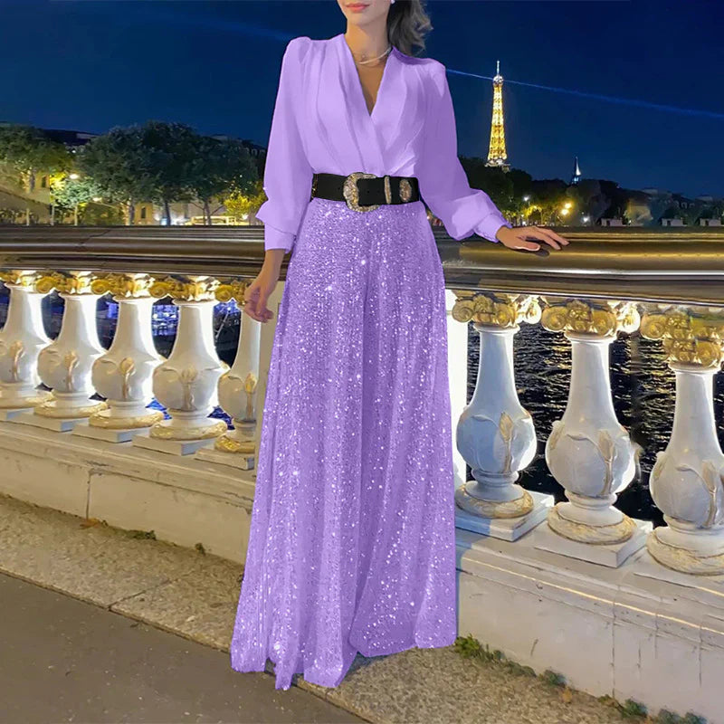 Ensemble avec Haut à Col en V et Pantalon Large pour Femme | Idéal pour la Maison ou les Sorties