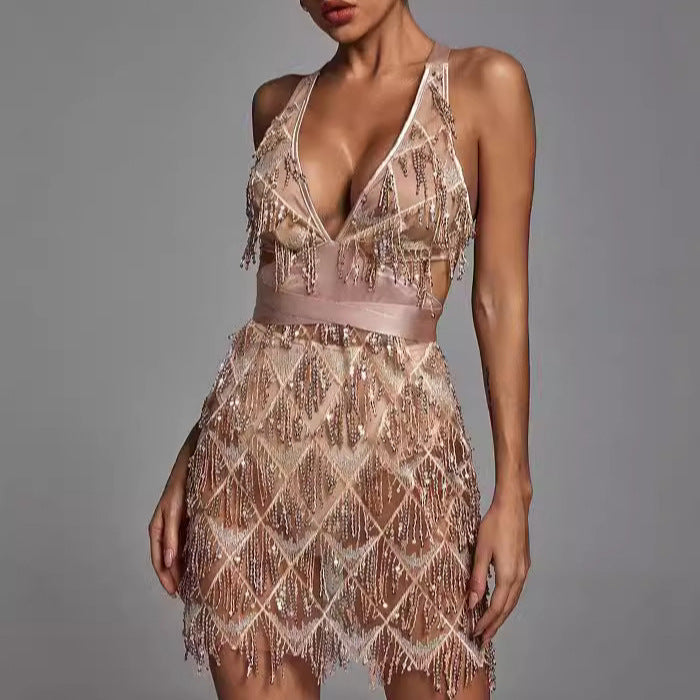 Robe Midi à Paillettes et Franges avec Col en V pour Femmes | Idéale pour les Soirées et Événements