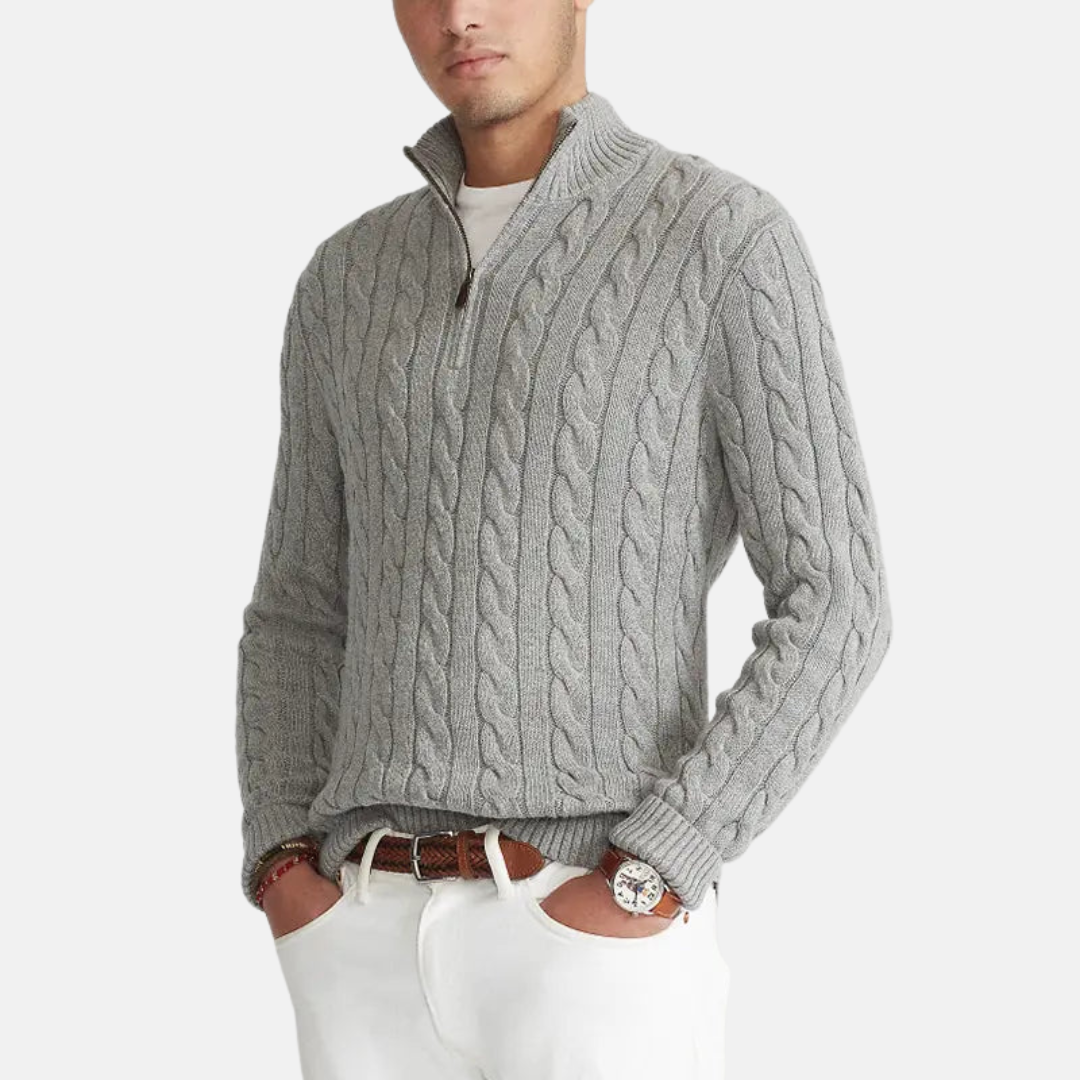 Herren Strickpullover mit halbem Reißverschluss - Zeitloser Zopfstrick trifft auf moderne Raffinesse