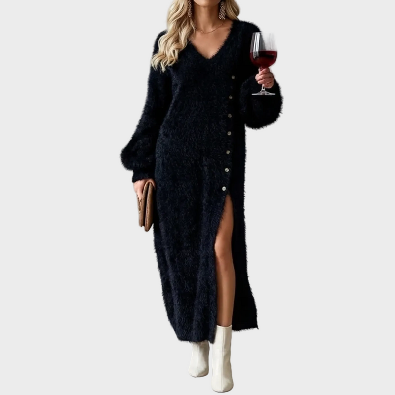 Roxana - Rochie midi din fleece cu nasturi laterali