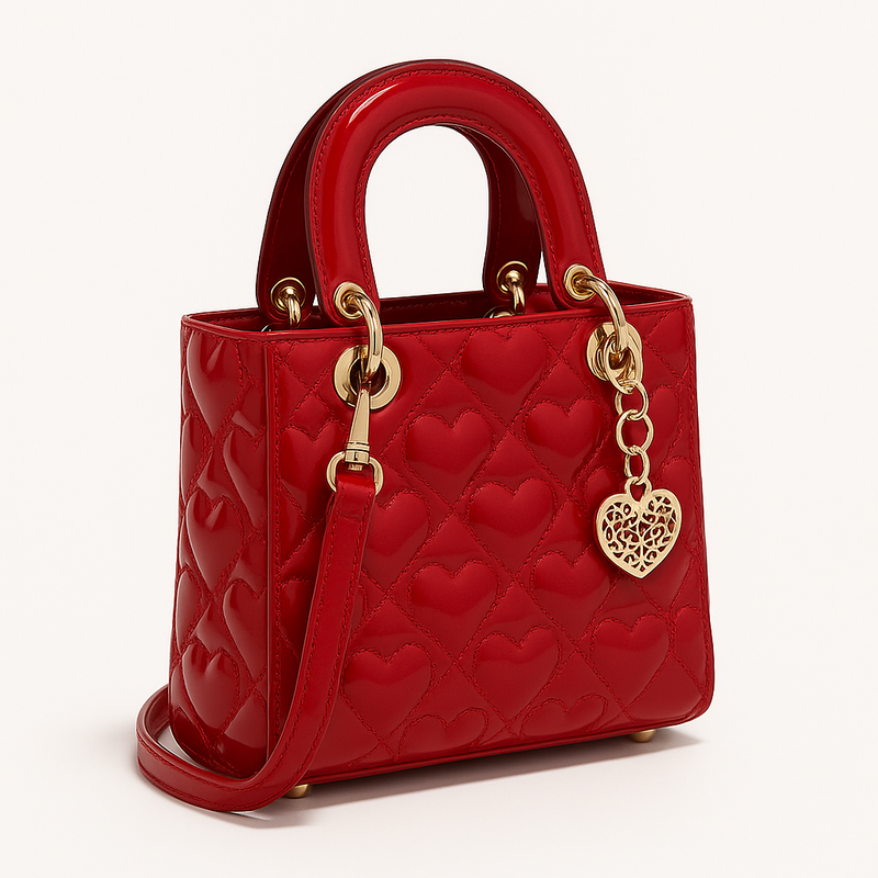 Raelynn Sac à Main Femme – Mini Cabas Matelassé en Similicuir Verni avec Motif Cœurs & Charm Doré