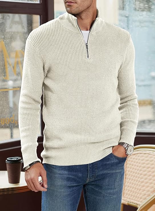 Pullover mit Viertelreißverschluss | Gestrickt | Rippstrick | Polopullover | Herrenpullover mit halbem Reißverschluss-Chaps Herrenmode